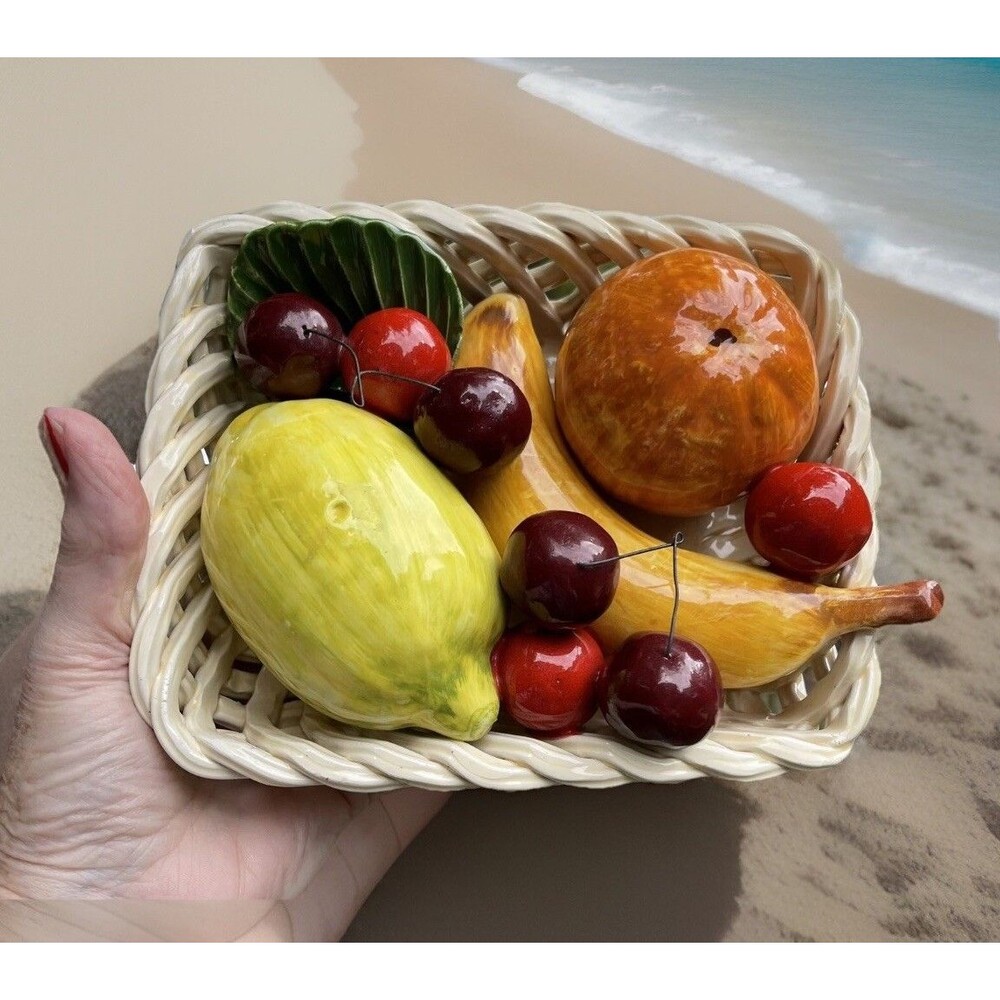 Vintage Bassano Italy Ceramic Fruit Lattice Basket Red Cherries Banana Orange